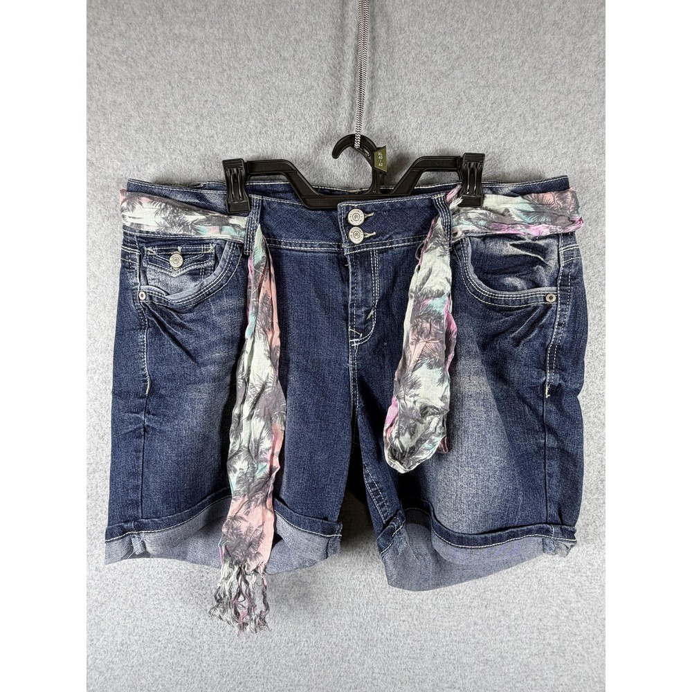 WallFlower Shorts Womens 20 Blue Denim Bermuda Cuffed Tropical Belt Stretch
